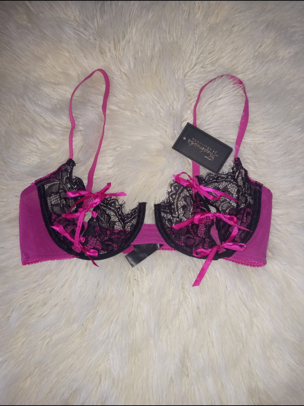 Frederick's of Hollywood Hot Pink and Black Lace Underwire Bra